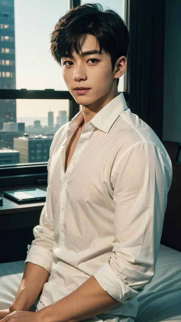 (absurderes, hight resolution, ultra-detailliert, High-density imaging), masutepiece, Best Quality, 1boy , Handsome, Black and gray hair color,finely eye and detailed face, dimples, lightsmile,Transparent inner, White trousers,Black inner, Leaning against the window,The window is open,The sun is shining outside the window,There is a lot of greenery in the room,perfect bodies,Split abs,Put on your shirt,white shirt