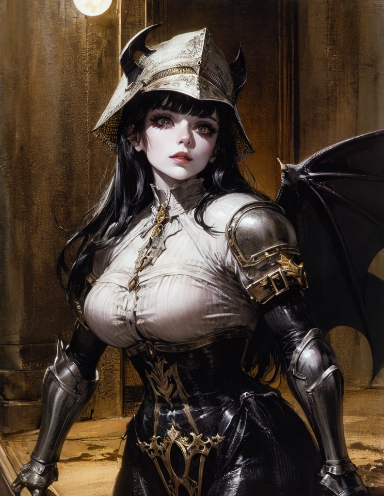 (best lighting) (best quality, masterpiece:1.2), (absurdres), 4k, (detailed eyes), (detailed face), ethereal demonic woman wearing medieval armour and bodysuit with short black hair, blunt cut bangs and ((pale white skin)). Large bat wings. Curvy. She's standing in front of an old gothic castle illuminated by a large moon over head, ((black armour)), dark, moody, ((gothic)), ((dark fantasy)), medieval