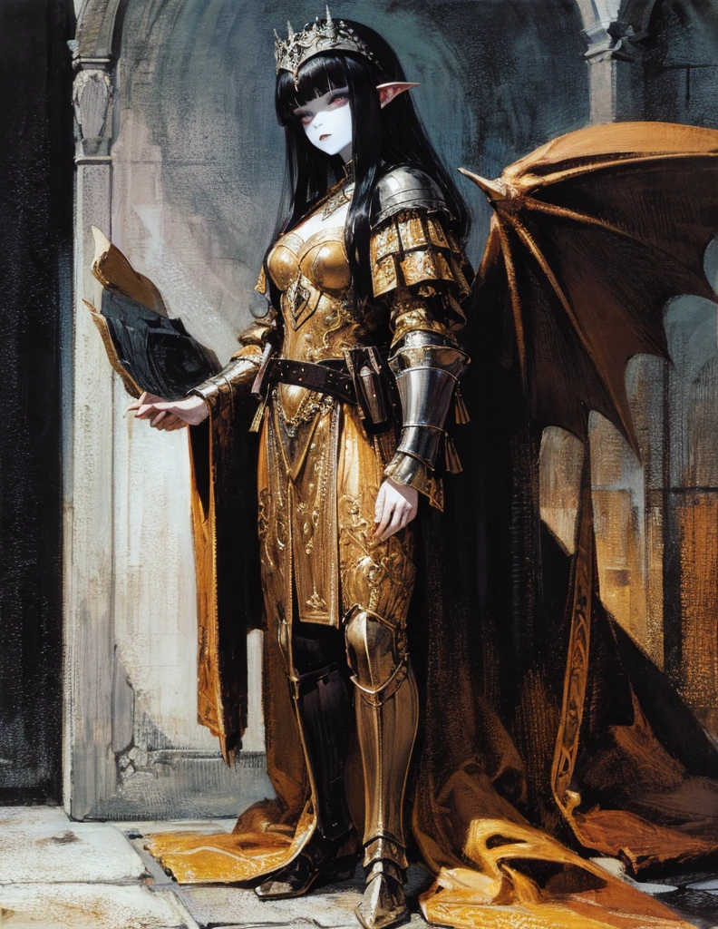 (best lighting) (best quality, masterpiece:1.2), (absurdres), 4k, (detailed eyes), (detailed face), ethereal demonic woman wearing medieval armour and bodysuit with short black hair, blunt cut bangs and ((pale white skin)). Large bat wings. Curvy. She's standing in front of an old gothic castle illuminated by a large moon over head, ((black armour)), dark, moody, ((gothic)), ((dark fantasy)), medieval