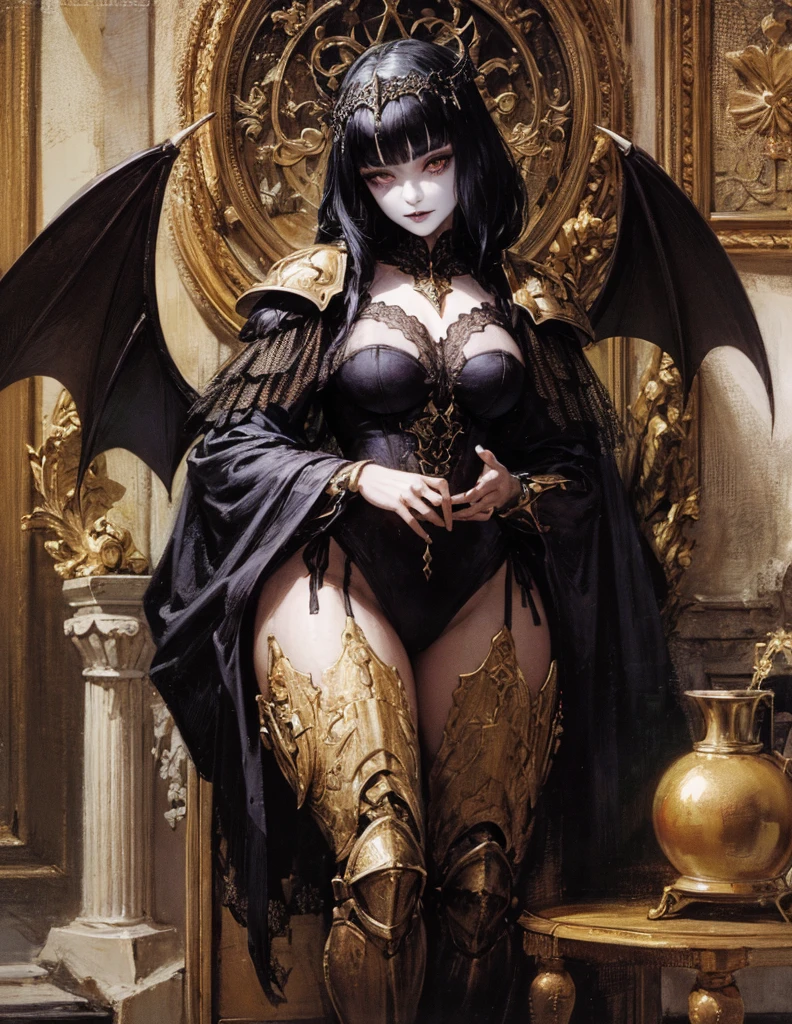 (best lighting) (best quality, masterpiece:1.2), (absurdres), 4k, (detailed eyes), (detailed face), ethereal demonic woman wearing medieval armour and bodysuit with short black hair, blunt cut bangs and ((pale white skin)). Large bat wings. Curvy. She's standing in front of an old gothic castle illuminated by a large moon over head, ((black armour)), dark, moody, ((gothic)), ((dark fantasy)), medieval