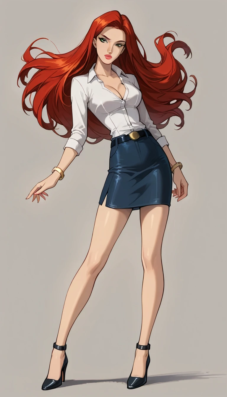 score_9, score_8_up, score_7_up, 1girl, solo, very sexy (Jean Grey, Evolution, long hair, red hair, green eyes, long legs, retro artstyle:1.3), (wearing tight pencil skirt, belt, blouse, high heels:1.4) cleavage, flirt, gaze, sexy look, half-closed eyes, head tilt, filled lips, thick lips, makeup, side view, (full bodies in view) expressiveh d4rk01l, perfect hands, perfect proportions, simple background.