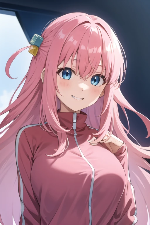 gotoh hitori, 1girl, solo, long hair, looking at viewer, smile, one side up,pink track jacket, large breasts, blue eyes, hair between eyes,  cube hair ornament,upper body,pink hair, long hair 