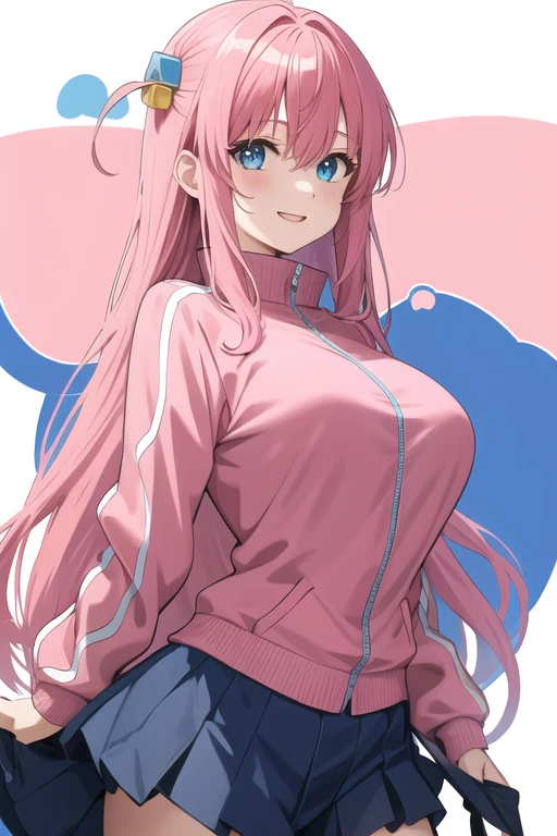 gotoh hitori, 1girl, solo, long hair, looking at viewer, smile, one side up,pink track jacket, large breasts, blue eyes, hair between eyes,  cube hair ornament,upper body,pink hair, long hair 