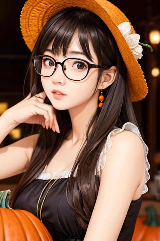 Best Quality、masterpiece、High sensitivity、High resolution、Detailed Description、Delicate facial depiction、Slender woman、Glasses、Semi-long、Calm expression、Halloween、Costume、pumpkin、