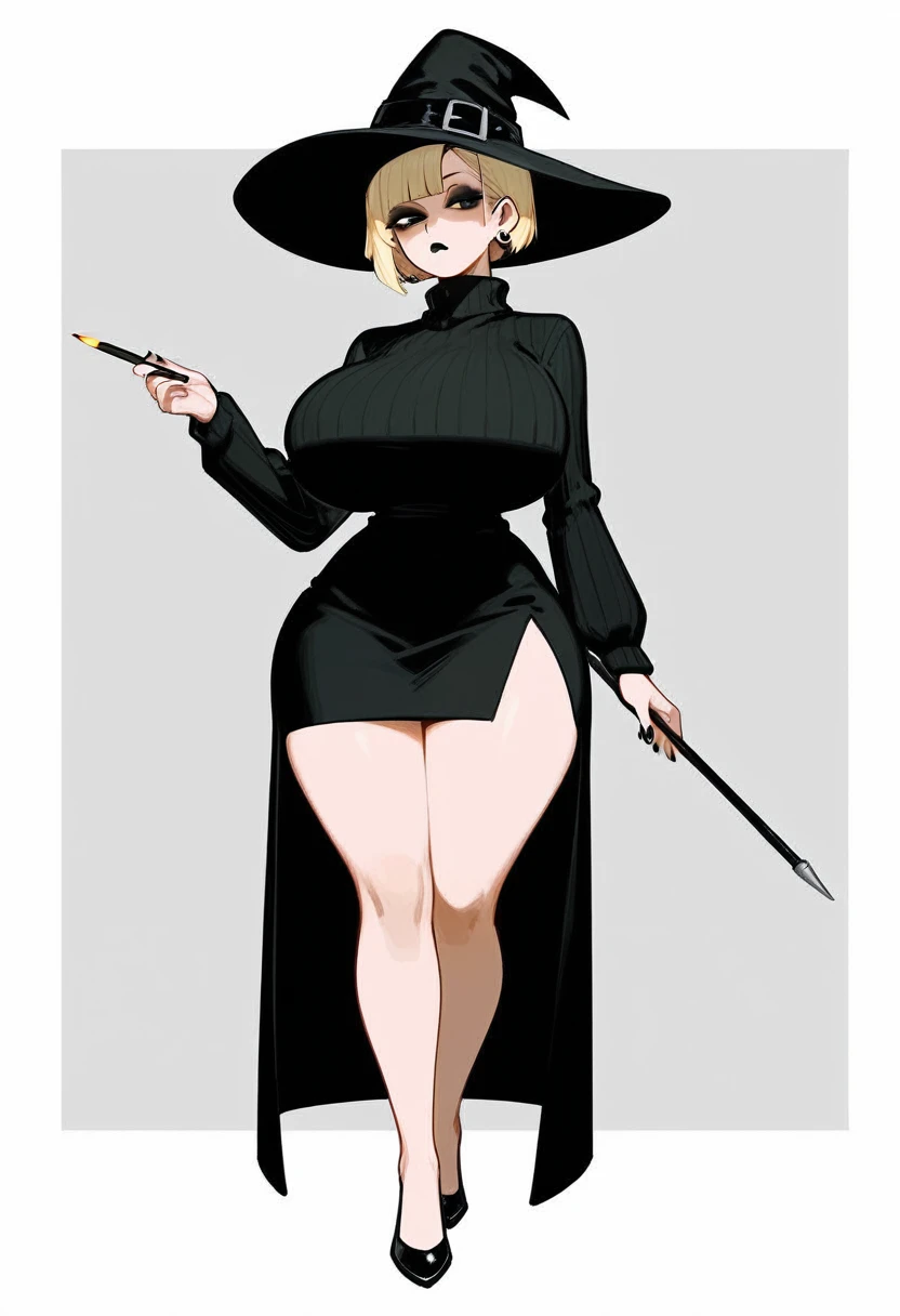 pale woman, short pixie cut blonde hair, some hair on the back of her head, big earring, half lidded eyes, looking straight ahead, black eyeshadow, black lipstick, huge breasts, very busty, wearing an oversized long sleeved black sweater, long black sweater, witch hat, expressionless, wide hips, thick thighs, very long skirt, long black pencil skirt, thick legs, wearing flats shoes, black footwear, slip on flats,  full body shown, standing, roommate