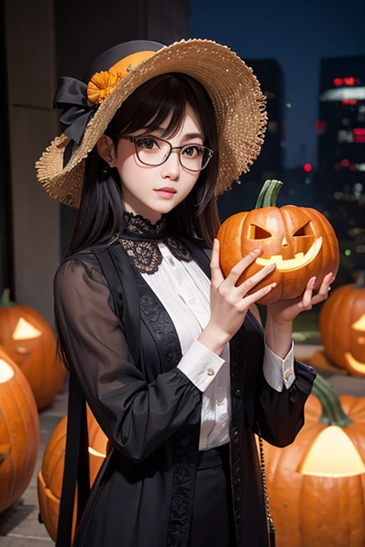 Best Quality、masterpiece、High sensitivity、High resolution、Detailed Description、Delicate facial depiction、Slender woman、Glasses、Semi-long、Calm expression、Halloween、Costume、pumpkin、