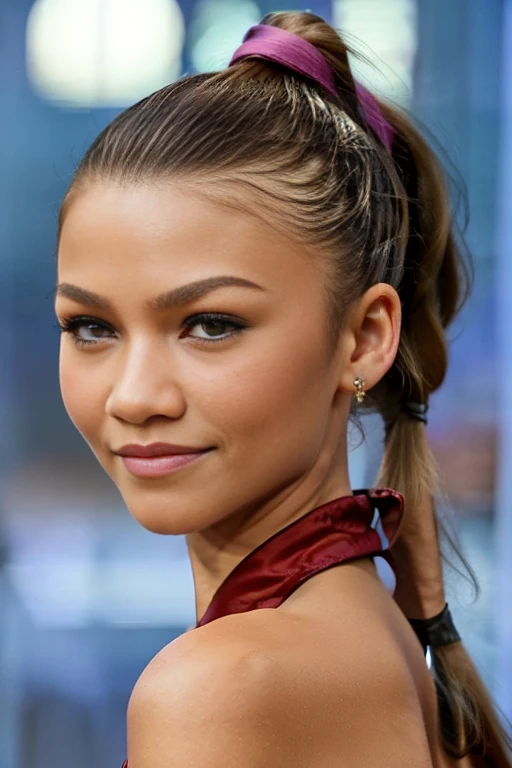 (zendaya:.4), (32k:1.5, Highest quality, masterpiece, Ultra-high resolution), Professional camera work:1.6, Highly detailed skin and face textures:1.3, Captivating portrait:1.2, Very accurate, Very detailed, 1 adult female, ((in the new york:1.4)), Incredibly slim body, sense of loss, Sadness, Expressions of sadness,  Small face, ((ponytail:1.3)), (medium shot), ((smiling))