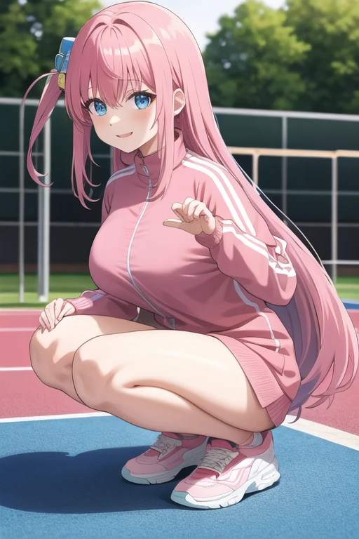 gotoh hitori, 1girl, solo, long hair, looking at viewer, smile, one side up,pink track jacket, large breasts, blue eyes, hair between eyes,  cube hair ornament, pink hair, long hair, squatting, full pose,playground,