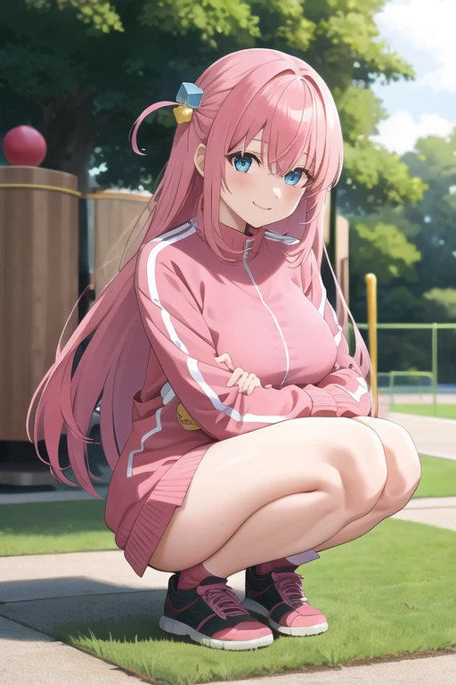 gotoh hitori, 1girl, solo, long hair, looking at viewer, smile, one side up,pink track jacket, large breasts, blue eyes, hair between eyes,  cube hair ornament, pink hair, long hair, squatting, full pose,playground,