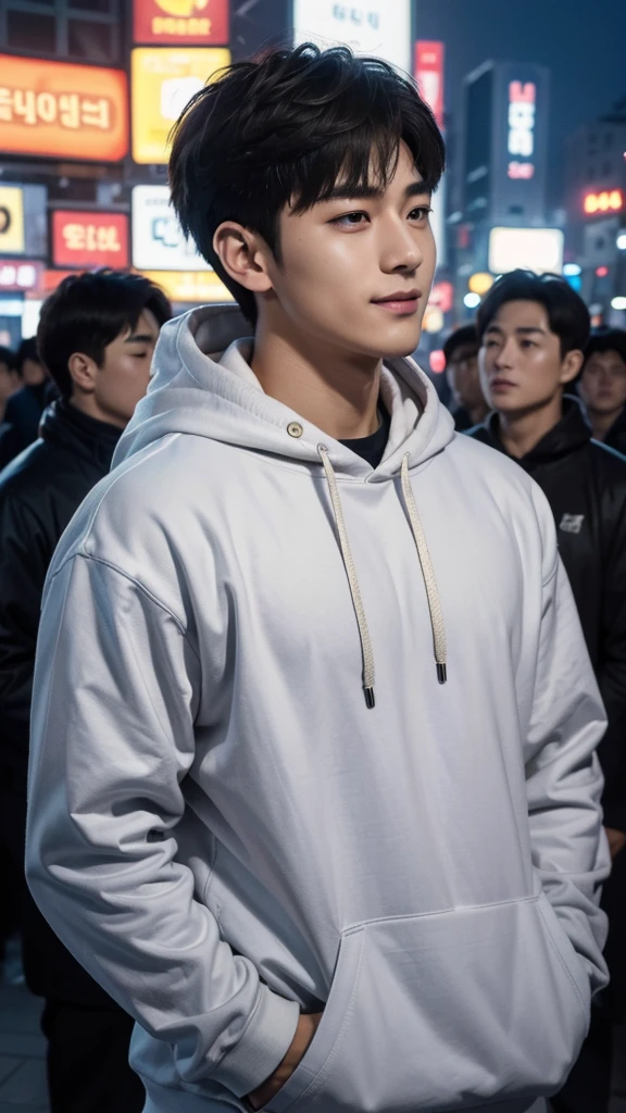 A sexy man wearing a hoodie, handsome face,black hair, penis, homoerotic, nsfw , in middle of a street 