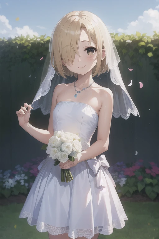 (masterpiece, Best Quality:1.1),  One girl, Alone, Shirasaka Koume, Blonde, hair over one eye, short hair, Brown eyes, Flat Chest,(Hiding one eye),Hidden right eye hair ribbon, wedding dress, Strapless, necklace, White Dress, garden, standing, Cowboy Shot, Holding a bouquet, Open your mouth, smile, Confetti, nature, blue sky , Adorned with a flowing veil down her back
