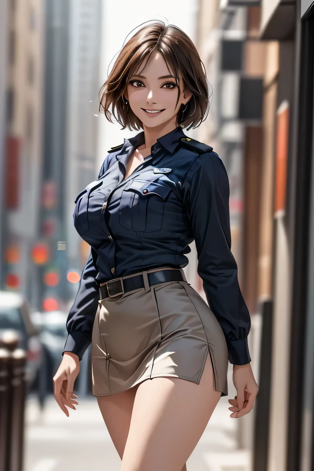 (masterpiece:1.2, Best Quality, 8k), (Realistic, photoRealistic:1.4), Beautiful CG, (Natural Side Lighting, Cinema Lighting), Surrealism,
1 Beauty, Hot Models, 40 years old, Beautiful Face, Perfect Face, Glowing Skin,Looking at the audience, Grin, erotic, Sexual perspective,
(short hair, Straight hair), Brown eyes, double eyelid, Long eyelashes, ((Big Breasts)), (Attractive thighs),
Beautiful Hair, Beautiful Face, Beautiful attention to detail, Beautiful body, Beautiful breasts, Beautiful thighs, Beautiful legs, Beautiful fingers,
((Wear a police uniform and a short skirt)),
(Beautiful view in the evening), (City Street:1.2), walk, Sexy posture
