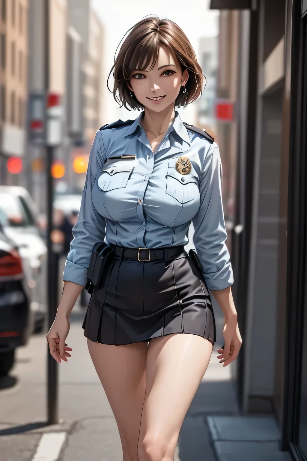 (masterpiece:1.2, Best Quality, 8k), (Realistic, photoRealistic:1.4), Beautiful CG, (Natural Side Lighting, Cinema Lighting), Surrealism,
1 Beauty, Hot Models, 40 years old, Beautiful Face, Perfect Face, Glowing Skin,Looking at the audience, Grin, erotic, Sexual perspective,
(short hair, Straight hair), Brown eyes, double eyelid, Long eyelashes, ((Big Breasts)), (Attractive thighs),
Beautiful Hair, Beautiful Face, Beautiful attention to detail, Beautiful body, Beautiful breasts, Beautiful thighs, Beautiful legs, Beautiful fingers,
((Wear a police uniform and a short skirt)),
(Beautiful view in the evening), (City Street:1.2), walk, Sexy posture
