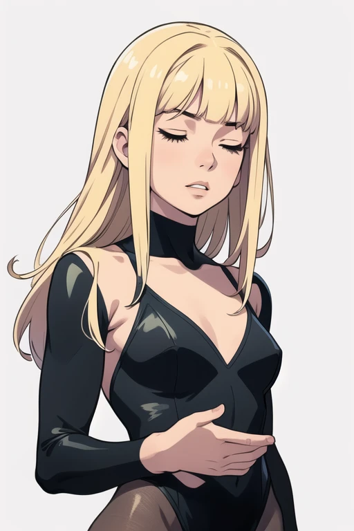 highres, detailed, (contours:1.1), raw palette, limited palette, Alone, 1 , adult woman, beautiful, closed eyes , long blonde hair with bangs, Anxious, parted lips, Full lips, long eyelashes, eyeliner, from the front, ((( preto, ,leotard))), simple background ,Precise Anatomy, luminosity