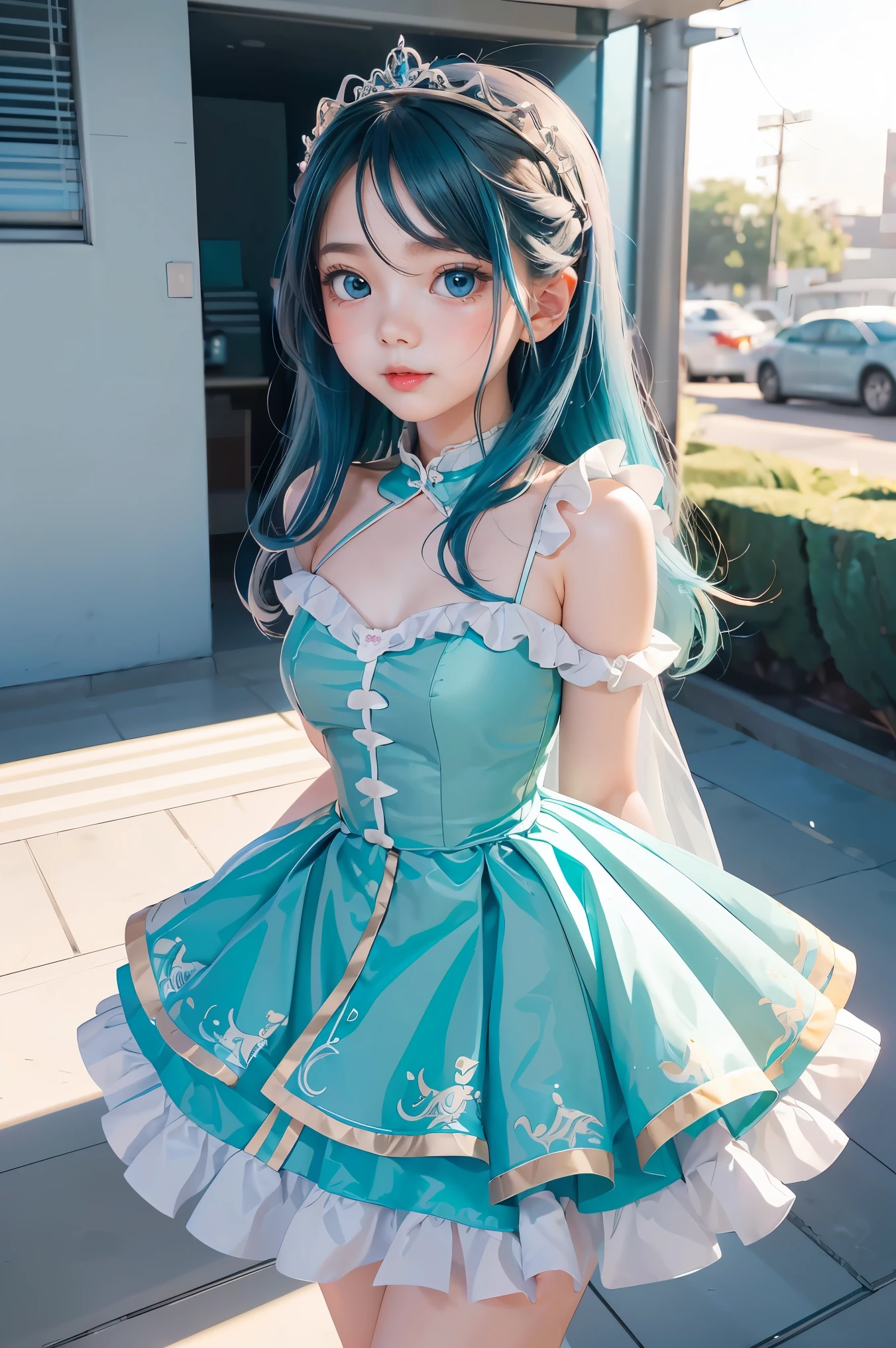 (artwork), (amazing work), (indirect linear lighting), (Chibi-cute studios), (Gif cute anime), (cute cute kawaii), (extremely detailed CG 8k unit wallpaper), (1girl) wearing cute dress, long blue hair with cute ruffled tiara, wearing silk gloves, white skin, green blue eyes, (cute kawaii)