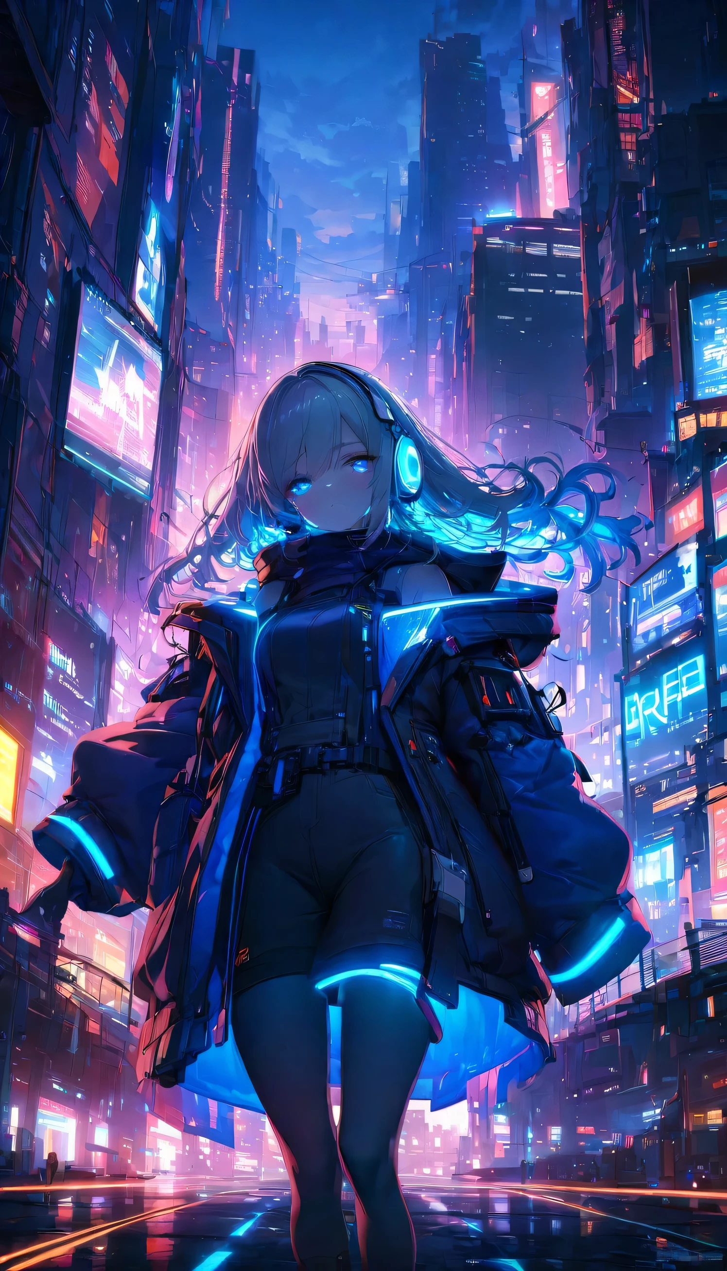 A vibrant cyberpunk city at night, featuring a young woman with bright blue eyes and short, wavy silver hair. She wears oversized headphones glowing with blue neon lights that match the futuristic atmosphere around her. Her clothing is a dark hoodie with reflective blue accents, adding to the high-tech aesthetic. The cityscape in the background is illuminated by the glow of neon signs, billboards, and towering buildings with sharp edges, creating a bustling and electric atmosphere. Her gaze is intense, and the lighting creates a striking contrast on her face, highlighting the futuristic theme of the scene. The overall color scheme is dominated by cool blues and purples, with occasional flashes of orange light reflecting off her clothing and hair. A sense of energy and motion is conveyed through the glowing cables running from her headphones and the soft blur of lights in the background, making the scene feel dynamic and alive,Focus on the young woman's eyes, making them glow with a vivid and captivating light. Her large, expressive eyes shimmer with an ethereal glow, reflecting the soft light of the sunset and the distant city lights. The irises are a brilliant shade of sapphire blue, with subtle hints of purple that catch the light at different angles, giving them a luminous, otherworldly quality. Her gaze is intense yet calm, drawing attention to the delicate glow in her eyes, as if they hold a deep, untold story. The soft glow of her eyes contrasts with the darker, muted tones of her surroundings, making them the focal point of the scene,masterpiece,best quality,ultra detailed,high-resolution,8k portrait,unity 8k wallpaper,extremely detailed CG unity 8k wallpaper