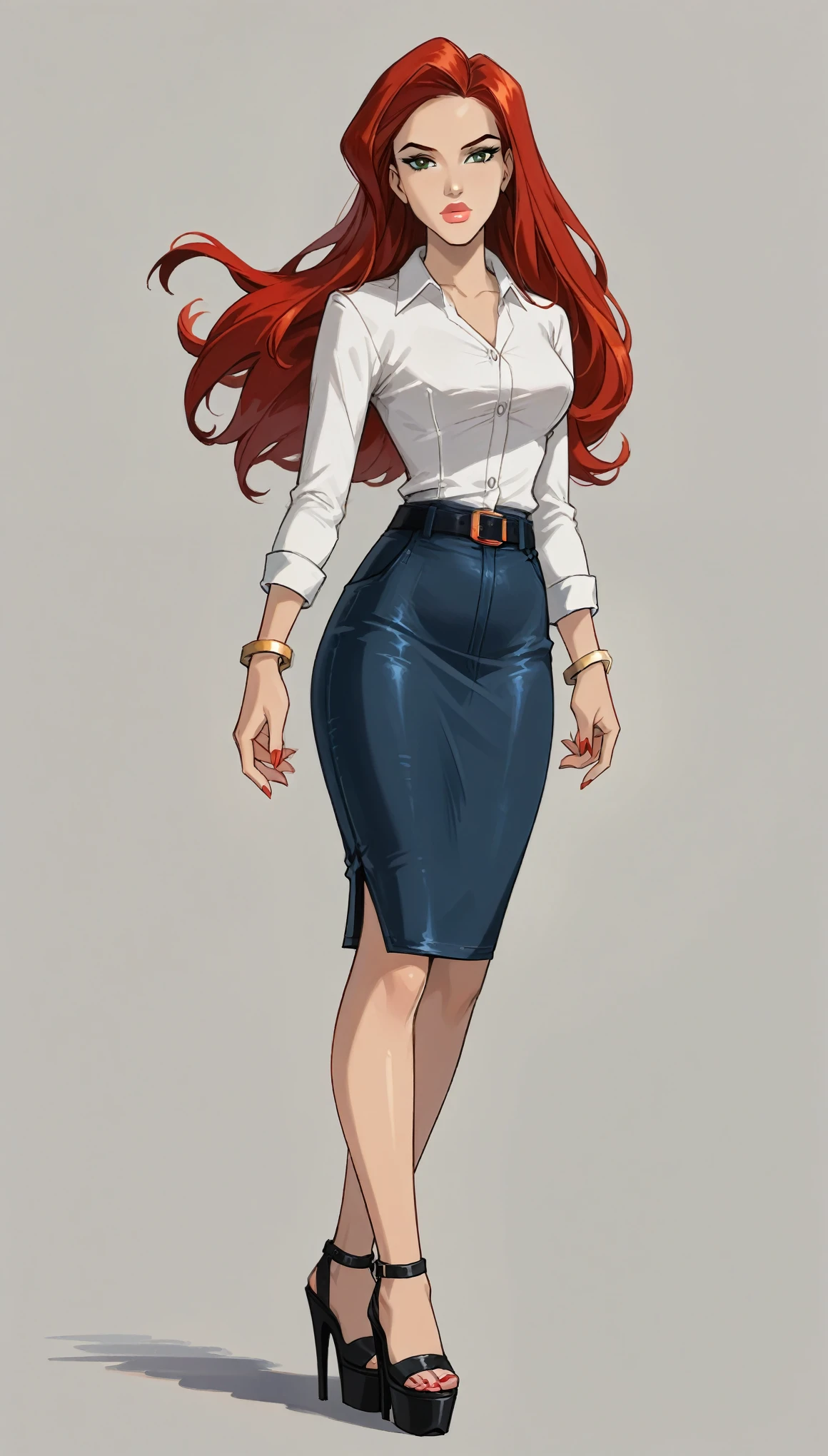 score_9, score_8_up, score_7_up, 1girl, solo, very sexy (Jean Grey, Evolution, long hair, red hair, green eyes, retro artstyle:1.3), (wearing tight pencil skirt, belt, blouse, platform heels:1.4) flirt, gaze, sexy look, half-closed eyes, head tilt, filled lips, thick lips, makeup, side view, (full bodies in view) expressiveh d4rk01l, perfect hands, perfect proportions, simple background.