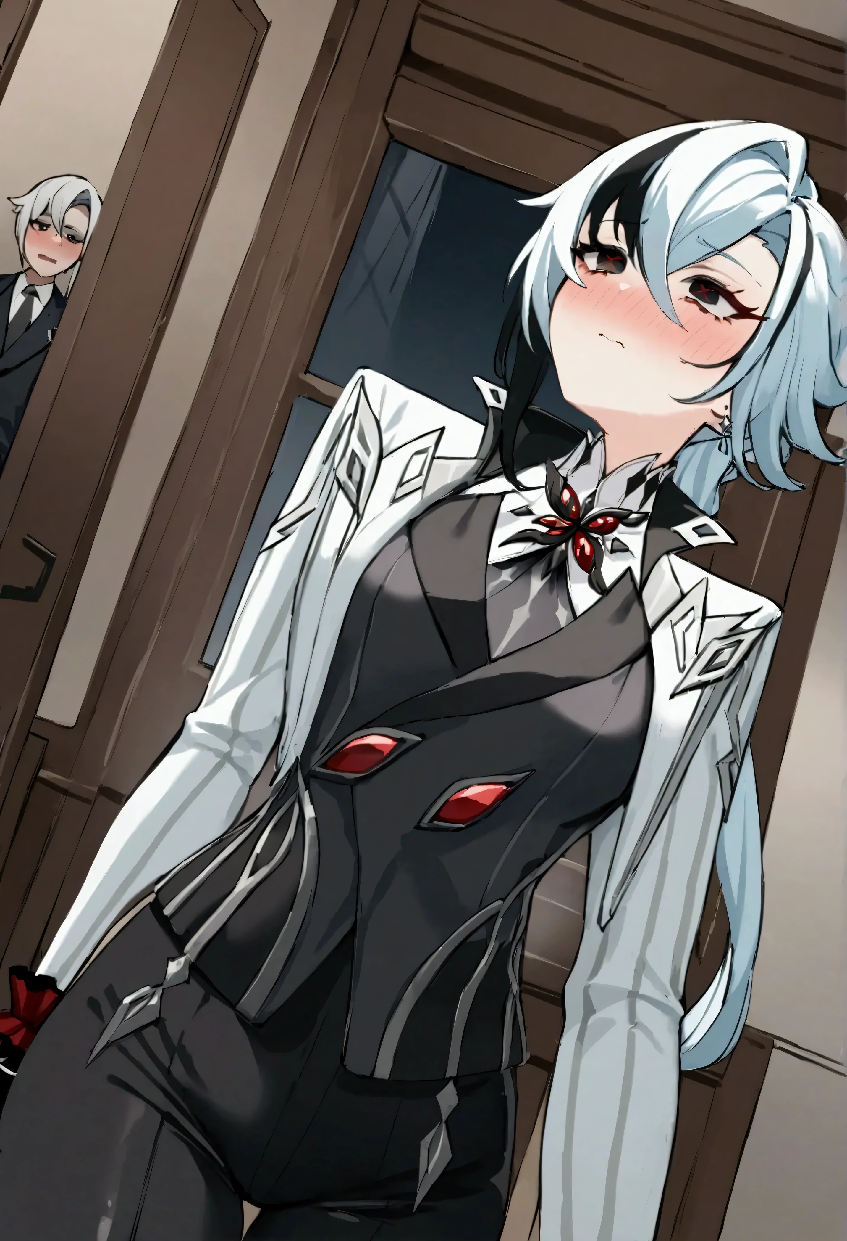 NSFW,masterpiece,Best Quality,High resolution,Very detailed,Arlecchino\(genshin_impact\),suit,jacket,Long sleeve,Black pants,Luxurious mansion,Office,machine,window,Embarrassed,blush,Surprised face,(One Boy),Looking up