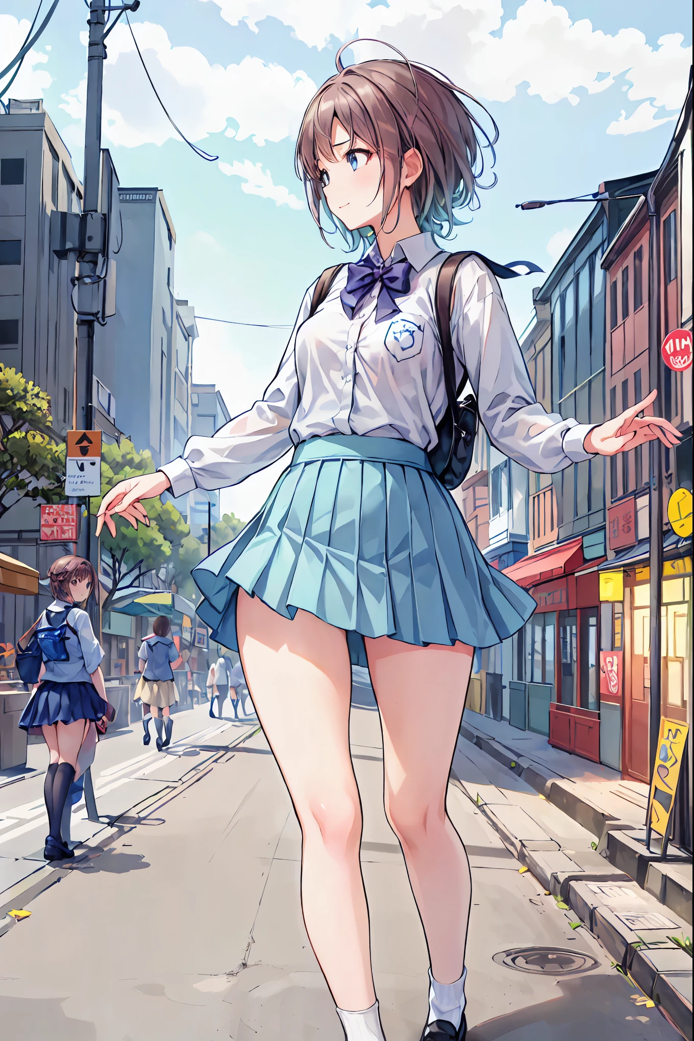 1 girl, minamoto_shizuka, bangs, ((((short twin tails)))), high school student, loli, 18 years old, pink top, pink mini skirt, white socks, white panties, (surprised face), ( (towering, towering giant girl))))), city of miniatures, skyscrapers