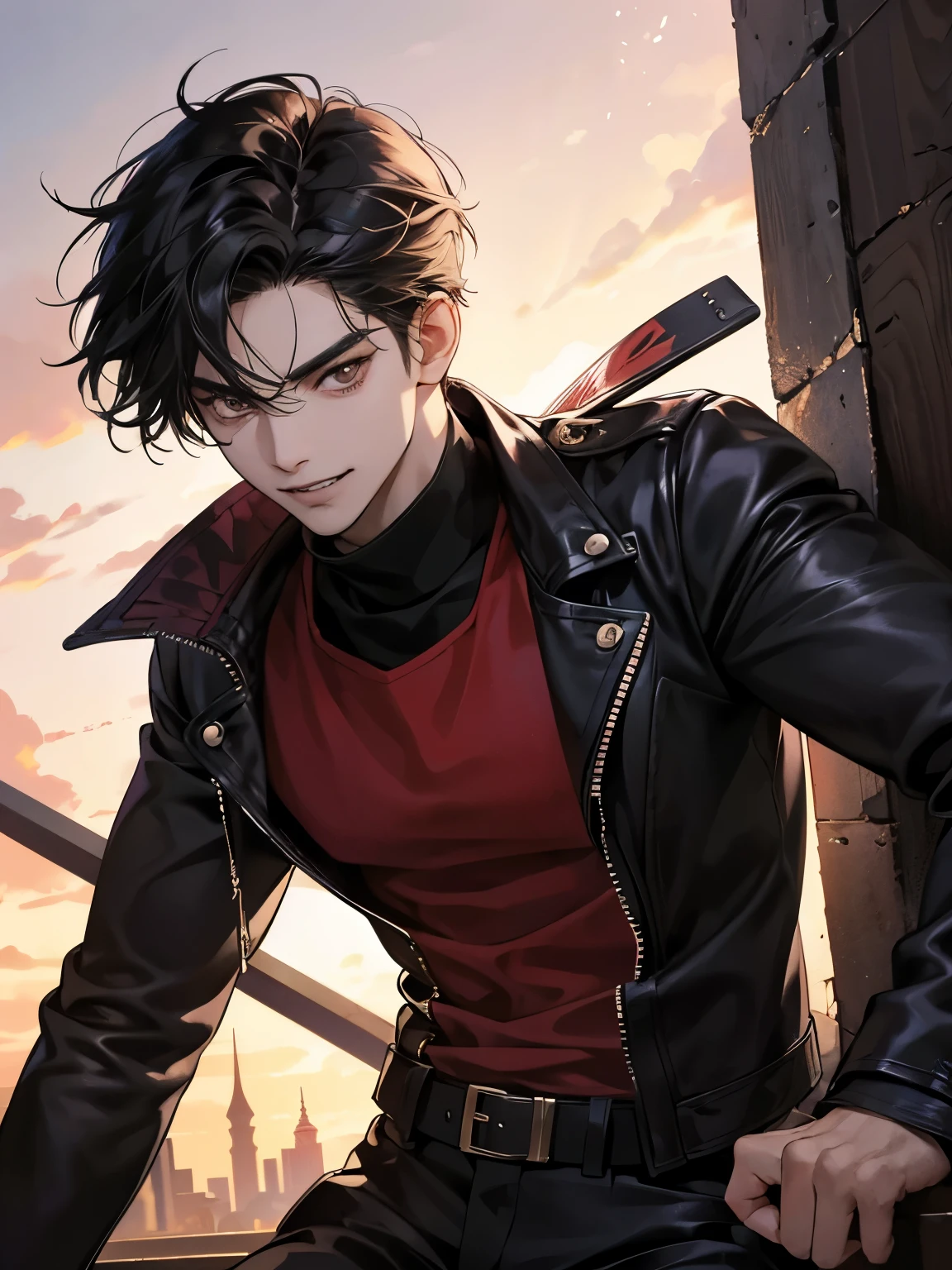 {anime semi-realism, , highly detailed illustration, shot, from below, close upshot}. A stunningly beautiful half asian male leaning , facing directly toward the viewer. He has short, black disheveled hair styled. He is wearing a black leather jacket layered over an black turtleneck. His facial expression is include toothy naughty smile showing sharp teeth. Detailed face, detailed brown eyes, detailed body. Add dramatic lighting to emphasize the man, in anime style, with vibrant colors and delicate lines, and the background is fulled with apocalypse city. He is wearing a red sunglasses.