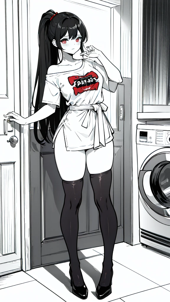 using pantimedies, wavy black hair, piercing look with deep red eyes, average stature, Waist length hair, Silky hair with a ponytail hairstyle collected with a red bow with two white lines, has a vagina, has breasts, cup of breasts, small breasts, slim, foreground, Session, sitting in her room, standing in his room, wearing pantyhose, using pantimedies, Picardias, neckline, looking at the viewer, lascivious smile, ((oversized t-shirt)), off the shoulders, without pants, washing machines, thighs, ((White T-shirt)), standing, hands on the hips,, shoes, blush, from below, thighs gorditos, thighs grandes, big ass