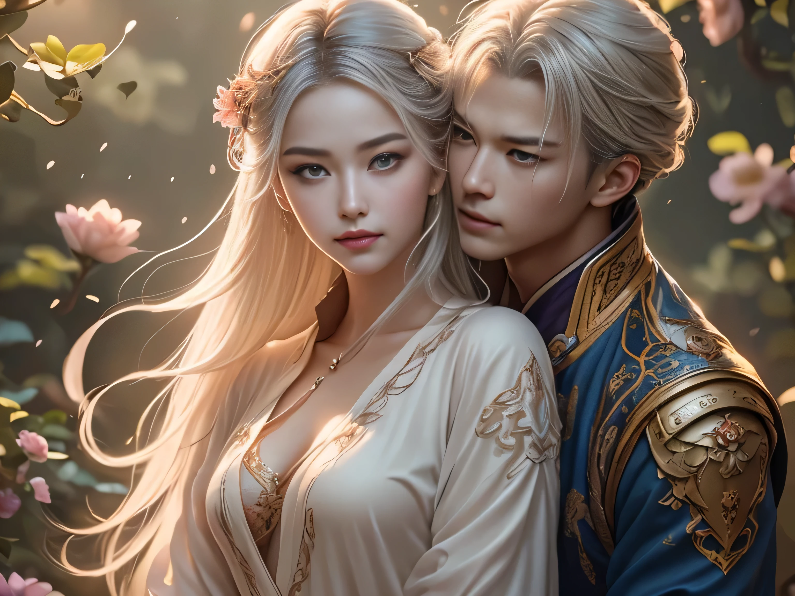 (Best Quality, Super Detail, Masterpiece, Representative Work, Official Art, Professional, Super Fine Detail, 8k:1.3), (photorealism:1.2), (Couple, Beautiful Girl and Boy), A couple in the sea of flowers, Handsome guy hugs beautiful girl from behind, Smiling and Wearing White Clothes, Delicate Hair, Chinese Beauty and Handsome Man, Wearing Ancient Chinese Clothes, Flowing Tulle, Light Silk, Create a movie poster similar to those used in Chinese romantic fantasy dramas, Correct proportions, Perfect face, perfect hands, Sweet atmosphere, Photorealistic, Sharp Focus, Dreamy Atmosphere, Delicate Details, Soft Volumetric Light, (Backlight:1.3), (Cinematic:1.2), Intricate Details, (ArtStation:1.3)