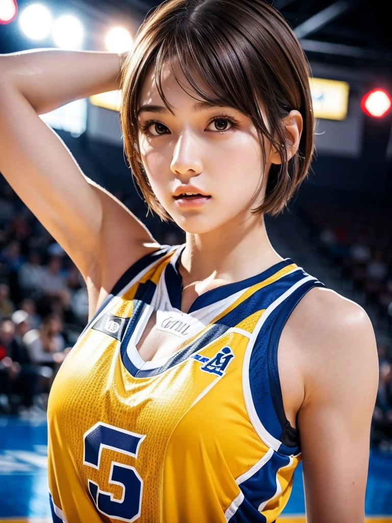 8k, High resolution, Very detailed, Realistic,pretty girl,basketball ,Exciting look,basketballユニフォーム,Exposed underbust,Slender body,Small breasts,Arena,Game,competition,Abdominal muscles,Presence,short hair,dribble,Brown Hair,sweat,dynamic