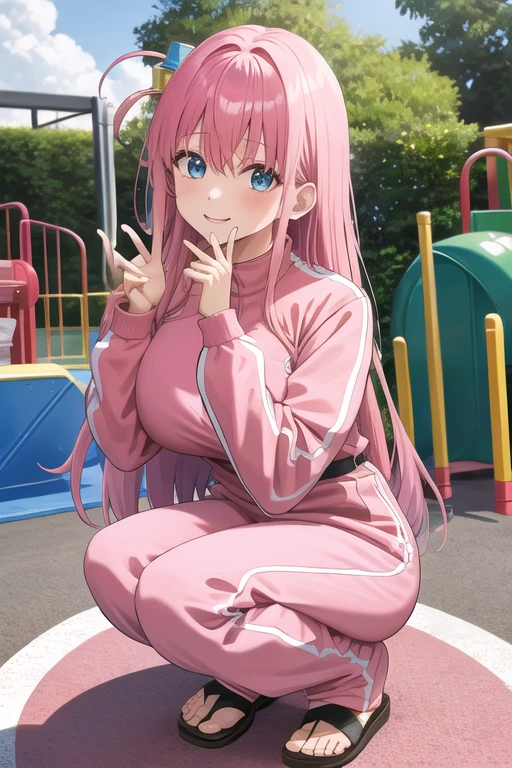 gotoh hitori, 1girl, solo, long hair, looking at viewer, smile, one side up,pink track jacket, large breasts, pink dress pants, blue eyes, hair between eyes,  cube hair ornament, pink hair, long hair, squatting, full pose,playground,