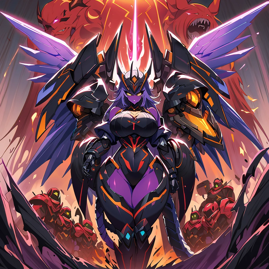 Anime, high detailed, multiple womans, mature womans, dark Ebony mecha armor, large mechanical wings, evil grin, large clawed Gauntlet, red skin, curvy body, long mechanical tail,black sclera、Colored sclera、crimson Colored skin、Yellow Eyes, elongated pupils,  Mature Woman、Black-purple aura、womans surrounding, background a glacier region