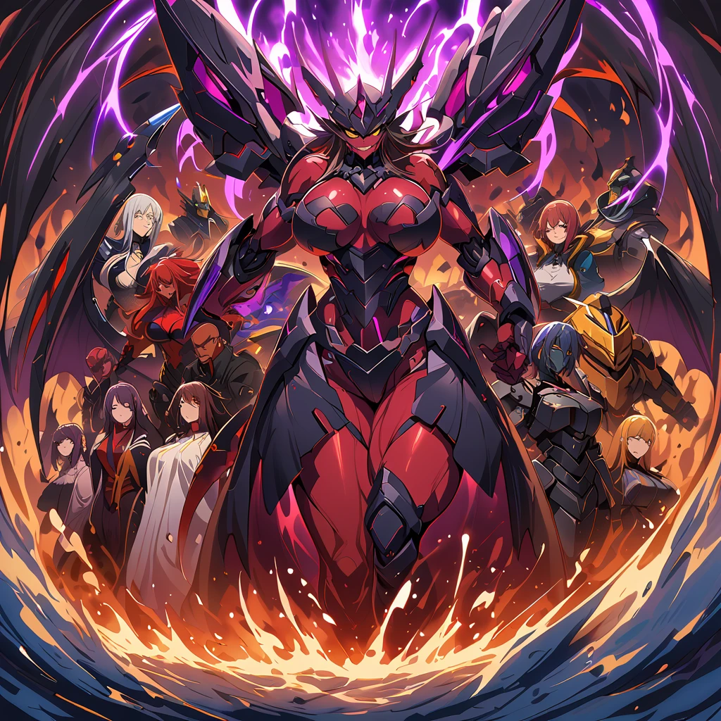 Anime, high detailed, multiple womans, mature womans, dark Ebony mecha armor, large mechanical wings, evil grin, large clawed Gauntlet, red skin, curvy body, long mechanical tail,black sclera、Colored sclera、crimson Colored skin、Yellow Eyes, elongated pupils,  Mature Woman、Black-purple aura、womans surrounding, background a glacier region