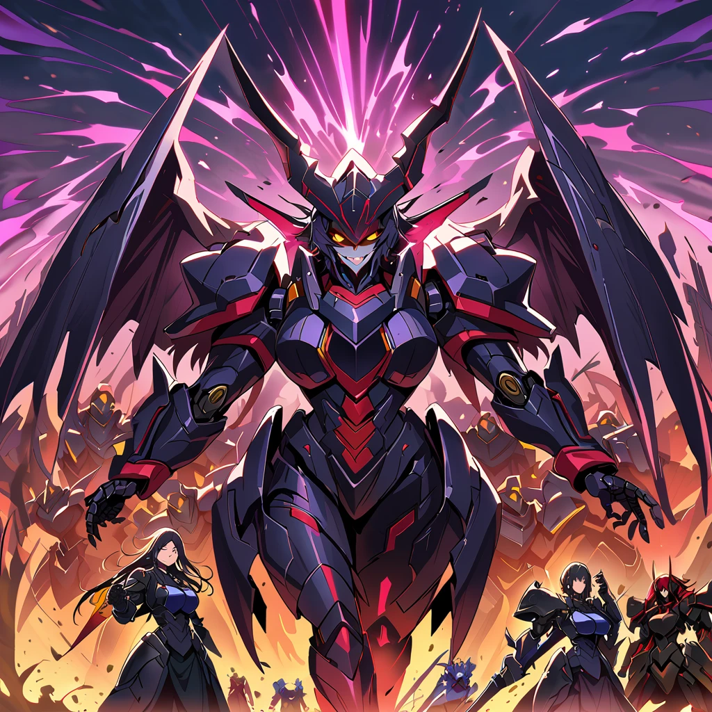 Anime, high detailed, multiple womans, mature womans, dark Ebony mecha armor, large mechanical wings, evil grin, large clawed Gauntlet, red skin, curvy body, long mechanical tail,black sclera、Colored sclera、crimson Colored skin、Yellow Eyes, elongated pupils,  Mature Woman、Black-purple aura、womans surrounding, background a glacier region