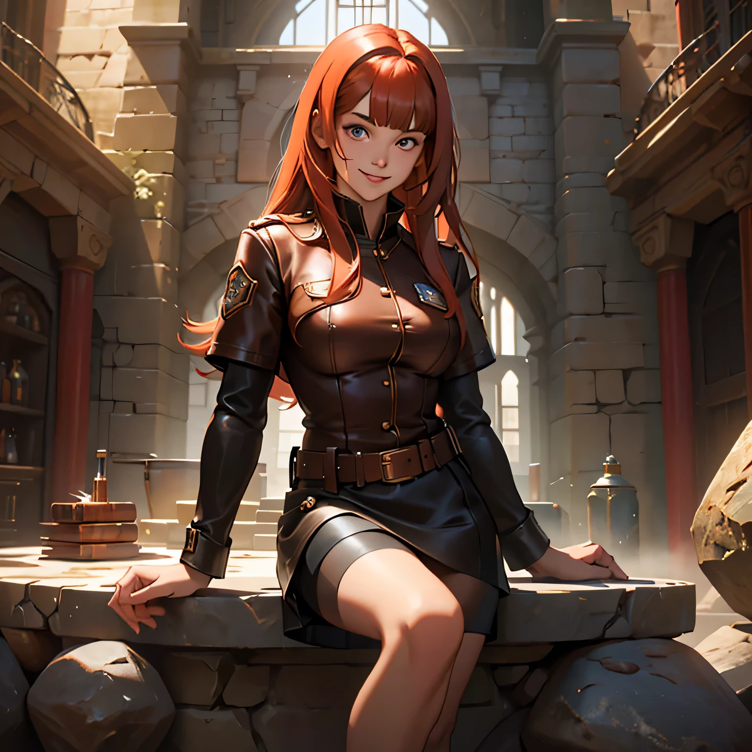 splash art of an eighteen year old woman, fair skin, incredibly cute beauty, round face, long big hair red like light copper with bangs, big eyes, perfect slim body, wearing a leather uniform and leather skirt and shorts, pose sitting at a table talking smiling. background inside a stone building