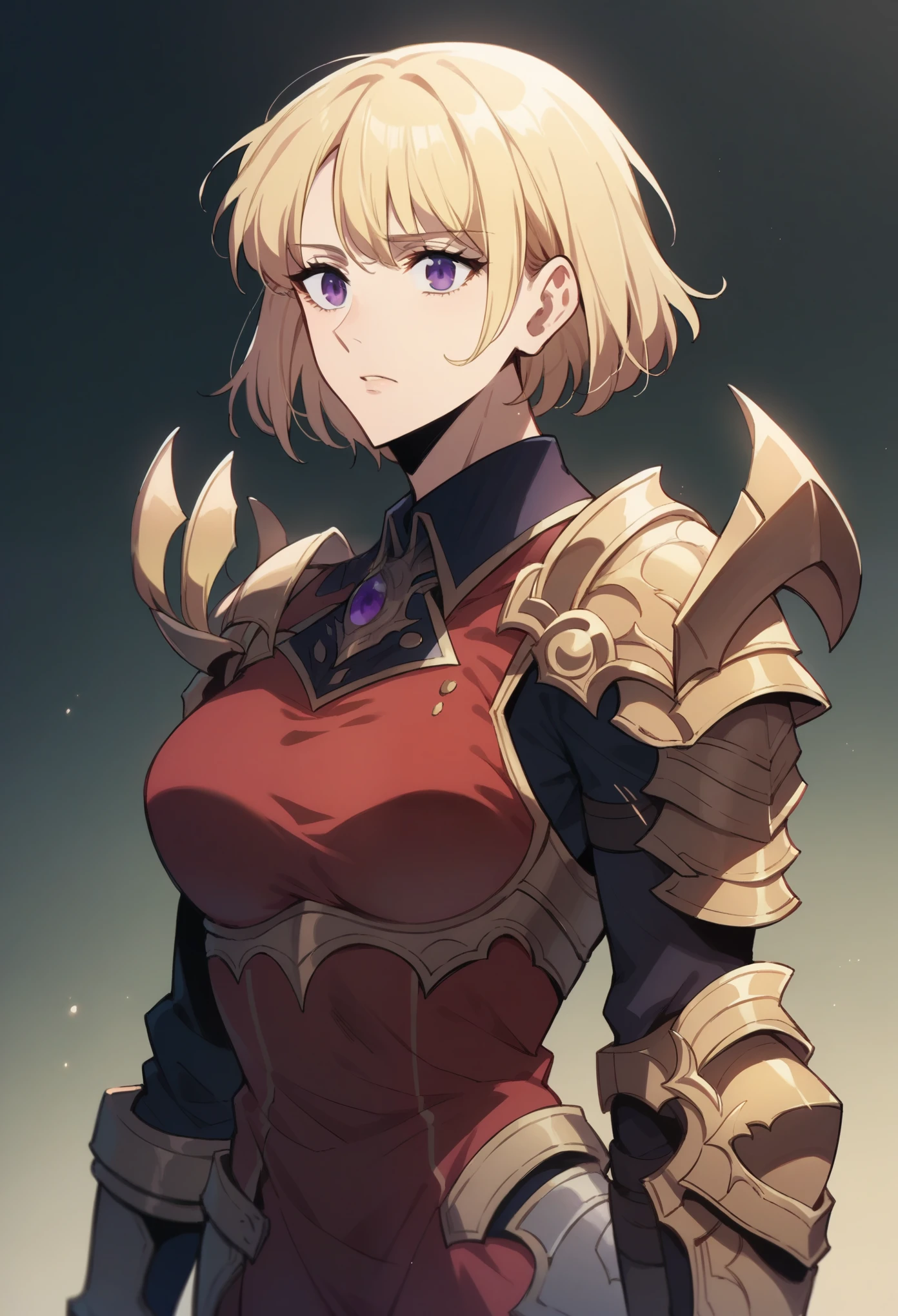 cha hae in,, blonde hair, purple eyes, short hair, medium breasts,
red dress, armor, shoulder armor, silver gold armor,