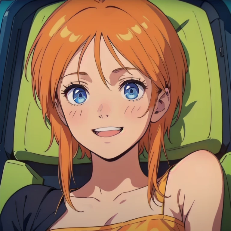 (masterpiece、Highest quality、High resolution、Perfect artwork、The perfect woman、1 Girl、solo)、
L People、Nightwear、Inside the spaceship、
Short Hair、Orange Hair、Short hair, long locks、Side Lock、Hair between the eyes、blue eyes、
Cute anime girl、 smile、Sleep in bed、Sprawled out to sleep