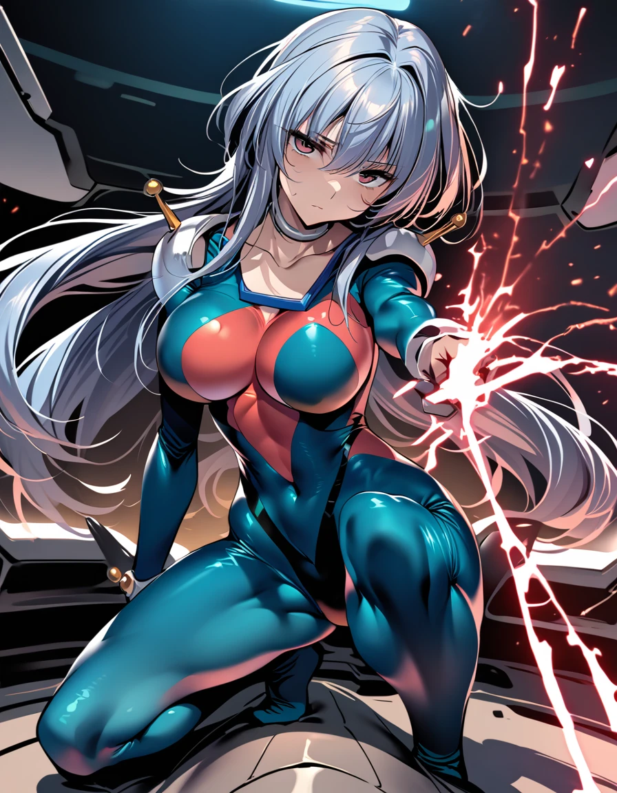 Neck ribbon,Perfect hands, Perfect fingers,Perfect Anatomy, masterpiece, Best Quality,Anime Style, 16K HDR,(One Girl:1.4), ,Blue Hair, Straight Long Hair,mobile trace suit, shoulder armor,break,(Red and blue bodysuit:1.6),Sexy pose, whole body, cockpit,(Expressionless:1.6,Rape Eyes:1.5),Metallic,