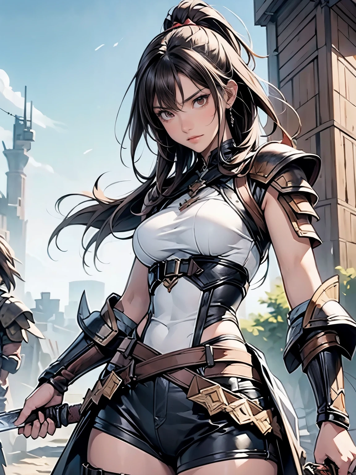 official art, Unity 8k wallpaper, Super detailed, masterpiece,Brown Hair, Female Monster Hunter, Red eyes, Serious expression, Monster Hunter Style, Sword in hand, , Attention to detail