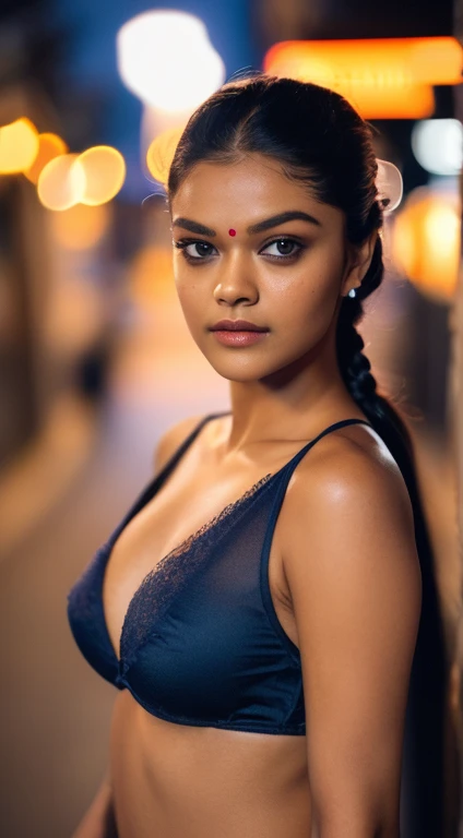 Beautiful actress Keerthi suresh, (taking selfies, Overhead view: 1,4), (straight half of the torso: 1,4), Portrait photo of a 24-year-old blonde in RAW UHD format (Blue-eyed woman), pigtails, Haircut for a boy , Walk down the dark alley, natutal breasts_b, night city, ( tactical clothes), (décolleté), in detail (textures!, hairsh!, glistering, a color!!, imperfections: 1.1), highly detailed glossy eyes, stands with his back, Standing Around, bottom, thongs, (is looking at the camera), specular lighting, DSLR camera, ultra quality, sharp-focus, sharpness, Depth of field, film grains, (centred), Fujifilm XT3, Crystal clear, big breastes, naked torso, The center of the frame, pretty face, sharp-focus, street lamp, neon lights, bokeh, (dimly lit), Low key, in night, (night  sky ) detailed skin pores, oiled skin, suntan, Complex eye details, Indian woman