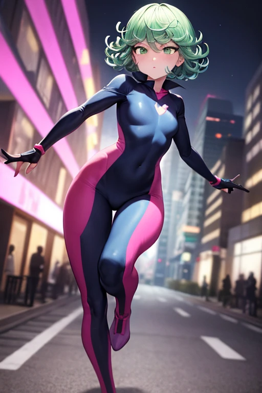 Masterpiece, best quality, ultra detailed, illustration, lighting epic, cinematic composition, 1 girl, Tatsumaki, short hair, green hair, very small breasts, green eyes, bright eyes, pouting, blushing, closed mouth, piercing gaze, full body, black collar, tall, slim, athletic, circles on her wrists, pink details, black fingerless gloves, pink wristbands, nanotech speedster suit that resembles light armor, blue chest with an emblem, blue chest, black suit with pink lines, pink speed emblem on her chest, pink emblem, blue pants, gray knee pads, metallic pink boots, white superhero belt, running through the city, pink light trail, laser, city background, anime
