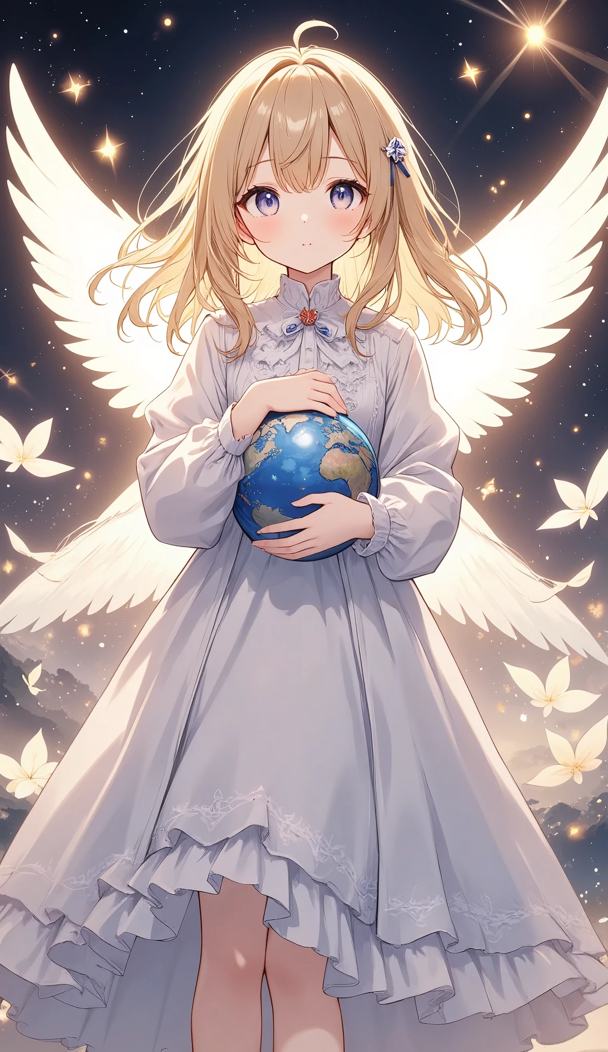 Light lines and light colors、The entire universe、Embrace the Earth with both hands、Cute angel、Spreading white wings