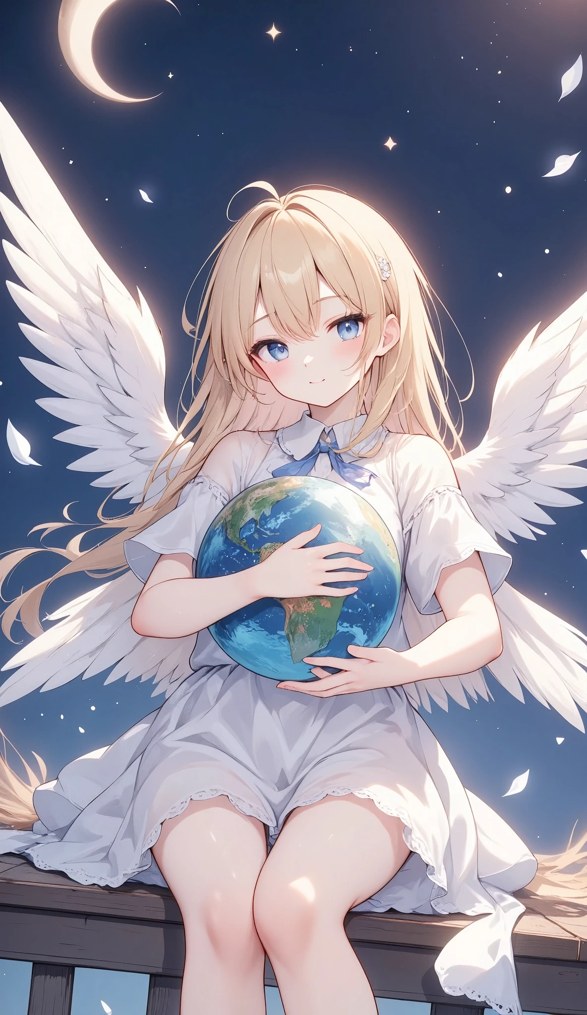 Light lines and light colors、The entire universe、Embrace the Earth with both hands、Cute angel、Spreading white wings