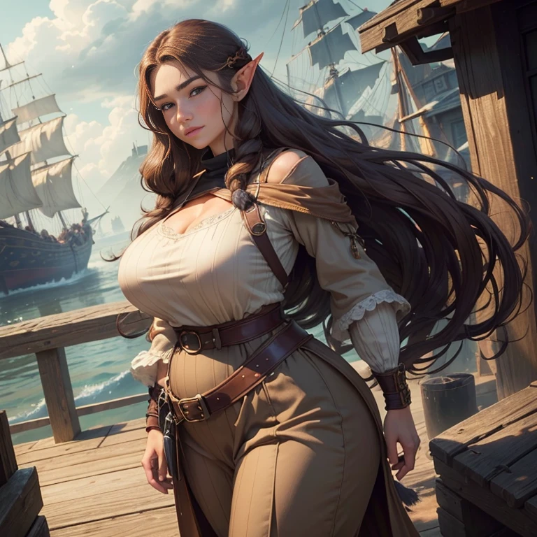long hair, choker. busty (((DD-size breasts))), wide hips. lythe figure, curvy, voluptuous figure, sexy pirate, Puff Sleeve Chemise Top with plunging neckline, maxi skirt, posing on a pirate ship, mischievous smile, trending on Artstation, digital art, 20-year-old ( face a combination of Ana de Armas and Lucy Pinder), seductive, devious smile, arched eyebrows, gorgeous goddess, anime style, HD, UHD, braided hair, golden nose ring, gazing lovingly at the viewer, a view from the side