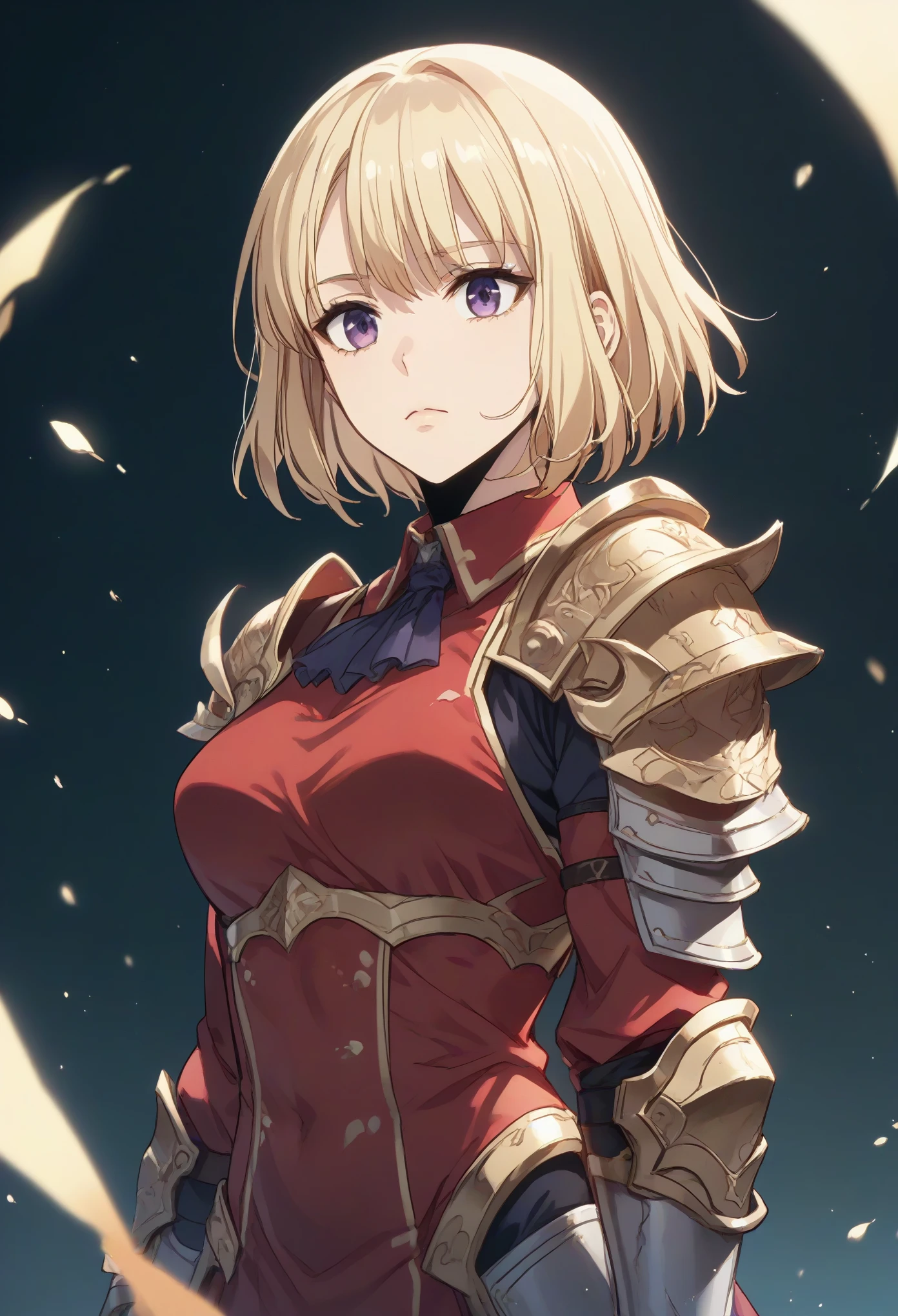 cha hae in,, blonde hair, purple eyes, short hair, medium breasts,
red dress, armor, shoulder armor, silver gold armor,