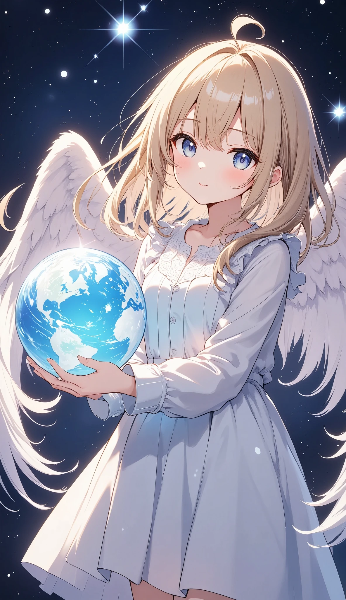 Light lines and light colors、A wide cosmic background、Embrace the Earth with both hands、Cute angel、Spreading white wings,Light effects