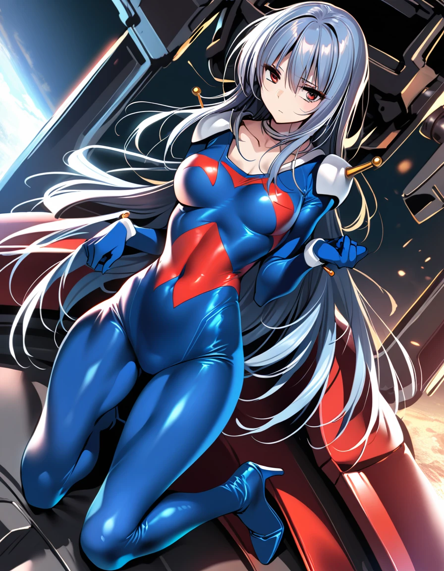 Neck ribbon,Perfect hands, Perfect fingers,Perfect Anatomy, masterpiece, Best Quality,Anime Style, 16K HDR,(One Girl:1.4), ,Blue Hair, Straight Long Hair,mobile trace suit, shoulder armor,break,(Red and blue bodysuit:2.0),Sexy pose, whole body, cockpit,(Expressionless:1.6,Rape Eyes:1.5),Metallic,High heels