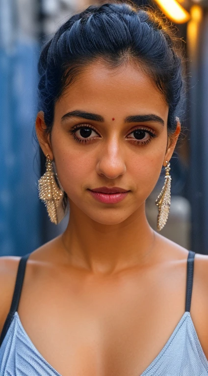 little Sanya Malhotra, (taking selfies, Overhead view: 1,4), (straight half of the torso: 1,4), Portrait photo of a 24-year-old blonde in RAW UHD format (Blue-eyed woman), pigtails, Haircut for a boy , Walk down the dark alley, natutal breasts_b, night city, ( tactical clothes), (décolleté), in detail (textures!, hairsh!, glistering, a color!!, imperfections: 1.1), highly detailed glossy eyes, stands with his back, Standing Around, bottom, thongs, (is looking at the camera), specular lighting, DSLR camera, ultra quality, sharp-focus, sharpness, Depth of field, film grains, (centred), Fujifilm XT3, Crystal clear, big breastes, naked torso, The center of the frame, pretty face, sharp-focus, street lamp, neon lights, bokeh, (dimly lit), Low key, in night, (night  sky ) detailed skin pores, oiled skin, suntan, Complex eye details, Indian woman