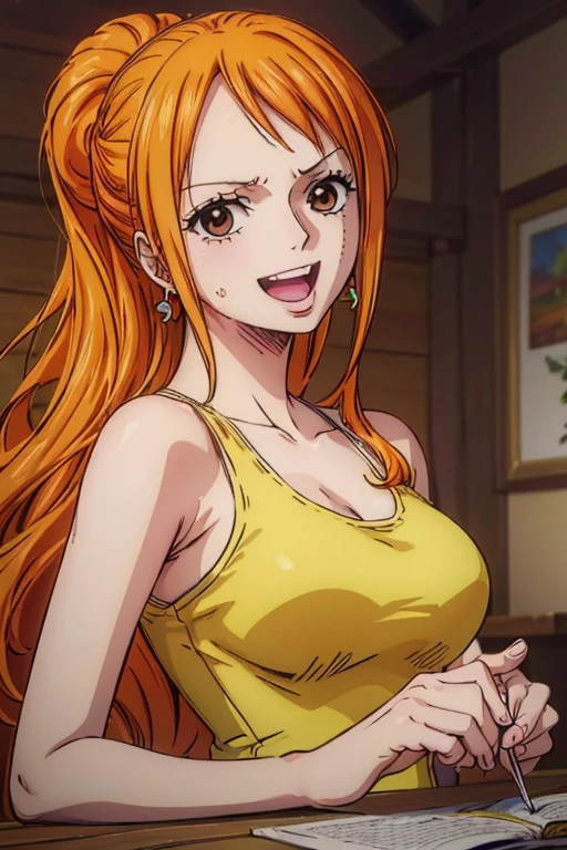  (Best Quality, 4K, 8k, High resolution, masterpiece:1.2), Super detailed, (Realistic, photoRealistic, photo-Realistic:1.37) ,Generate a realistic anime style of Nami from One Piece,Must be made in an anime style,A girl with very pale orange-yellow hair,Chignon,Blue clothes,Beautiful brown eyes,Beautiful sea,smile,Beautiful Hair ,Large Breasts,アートスタイルはCharmingなアニメスタイルに似ている. rendering. To enhance the visual effect, Add HDR, 超High resolution, Studio Lighting, Ultra-fine painting, Sharp focus, 物理ベースrendering, Very detailed explanation, professional, Vibrant colors, ボケはなく安定拡散professionalンプトを、Please enter as is, Do not use prefixes or punctuation marks,Her hair is bright orange、Nami tattoo on left shoulder、(((Best Quality))), ((Super detailed)),((masterpiece:1.5)), Detailed Photos, smile, sexy, (Best Quality: 1.4), (One Girl), Beautiful Face, (Orange Hair, Long Hair: 1.2), Beautiful Hairstyle, Beautiful details in the eyes, (Realisticな肌), Beautiful Skin, Beautiful lipstick,Beautiful Lips,Absurd, Charming, 超High resolution, High image quality, (Sexually excited:1.5),Perfect fingers,Perfect limbs,Perfect Fingers