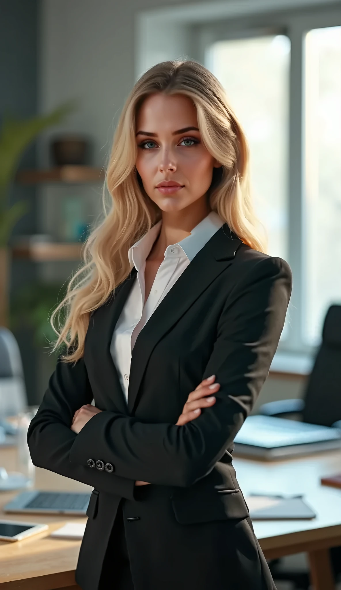 a young gorgeous successful business woman wearing a fine blazer and pants sitting seriously behind a luxurious desk in a luxurious office looking to the camera. front view, Photorealism. —ar 9:16 --auto --s2