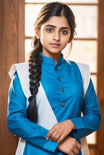 Raw photo , 1 girl  ,Wearing  salwar kameez uniform, teen school girl, with plait , professional photographer, (hdr:1.4), masterpiece, ultra-realistic 8k, perfect artwork, intrincate details, cute face, award winning photograph, (Best quality, 8k, 32k, Masterpiece, UHD:1.3) 