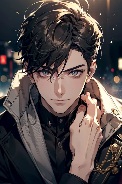 (High resolution:1.2), masterpiece, 1boy, 1male, black-haird, cyberpunk, full figure, short stylish hair, masterpiece,in anime style, no beard. (Realistic:1.37),(bokeh,Vivid colors,Studio lighting),(sharp focus),(average:1.1),beautiful and detailed eyes, clear eyes, warm smiling, sexy looking, colorful, love atmosphere, pretty face, (portrait:1.2),(Realistic:1.37),(bokeh,Vivid colors,Studio lighting),(sharp focus),(average:1.1),An elegantly dressed man with an irresistible charm.,An elegant and sophisticated man, smooth, A gentle man with a sophisticated air,An outstanding person who shows impeccable taste and character.