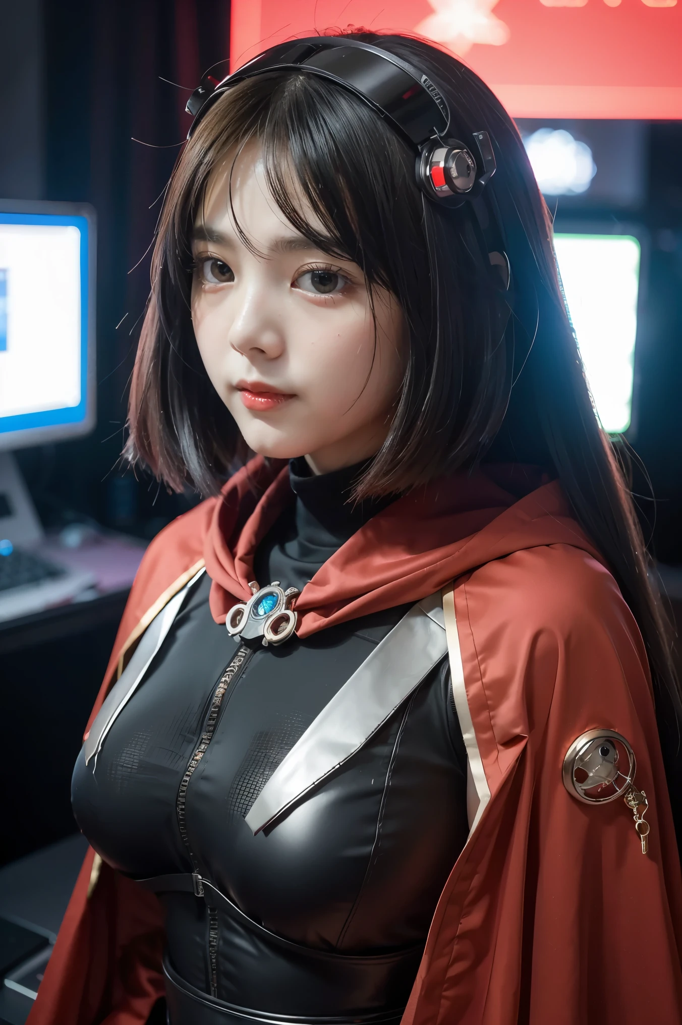 The picture shows a (cute) Adeptus Mechanicus girl. Her gaze is penetrating, and her face is hidden under a mask with monitors and LEDs. Graceful mechanical limbs complete her elegant appearance, and her outfit emphasizes her strength and uniqueness in the world of technology, big head, cute girl, red cloak , laughing, (((chibi)), ful body, full legth,  